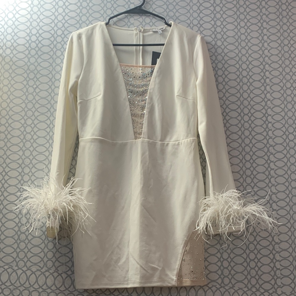 Fashion Nova White Mini Dress with Feather Cuffs